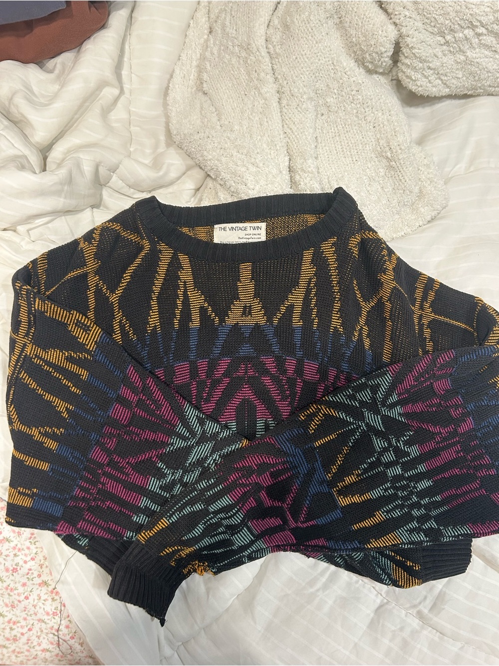 The Vintage Twin Black Multicolor Patterned Crewneck Sweater